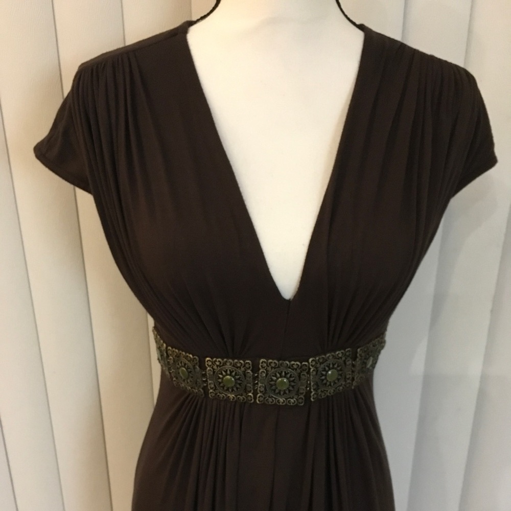 Sky Short sleeve brown dress, v cleavage Front metal designed at waist line